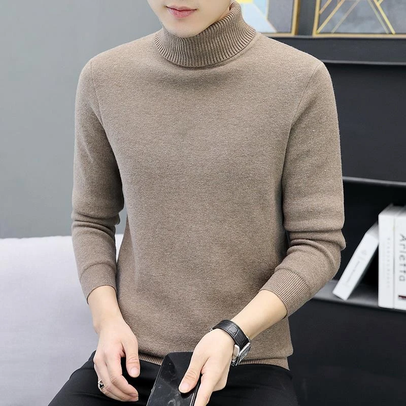 2025秋冬新款男士针织衫线衣可翻高领纯色毛衣男加绒款冬装
