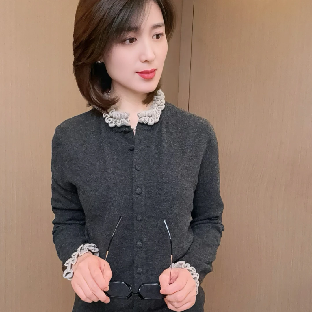 柏澜慧琳【木耳边小衫】花苞领法式木耳边撞色秋季全开衫