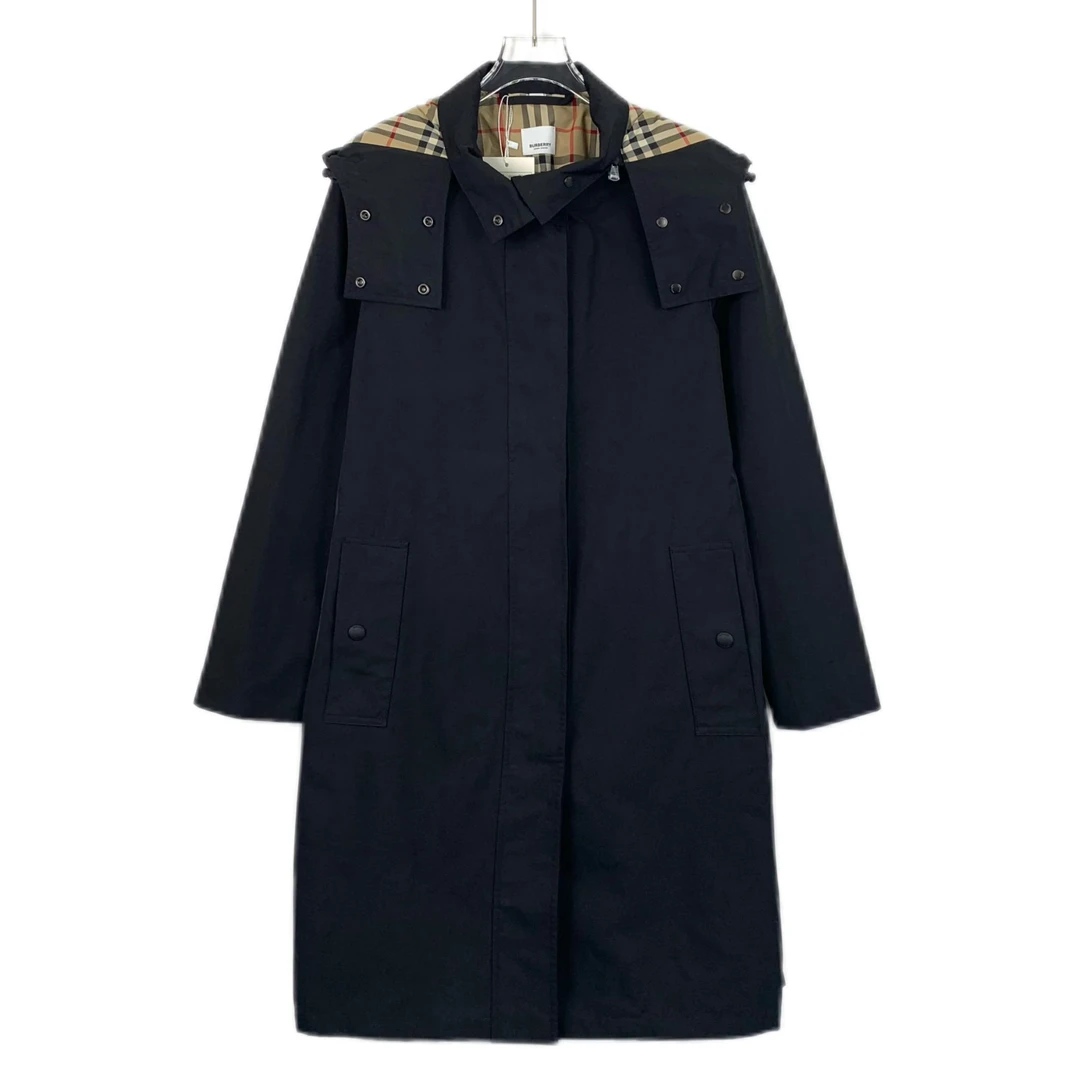 95新 BURBERRY/博柏利 H14351 黑色内里格纹连帽风衣外套 38 S码