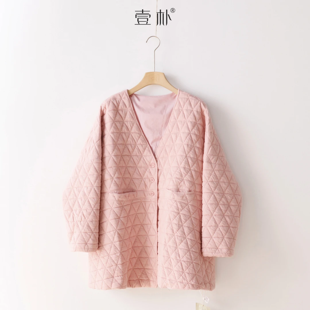 秋冬新款菱形压格夹棉加厚刀切棉V领外套中长款棉衣上衣 4SP322