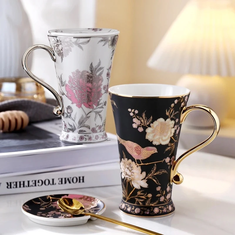 Nosin/诺轩 诺轩金雀闻香小清新高脚马克杯家用创意大容量带盖勺