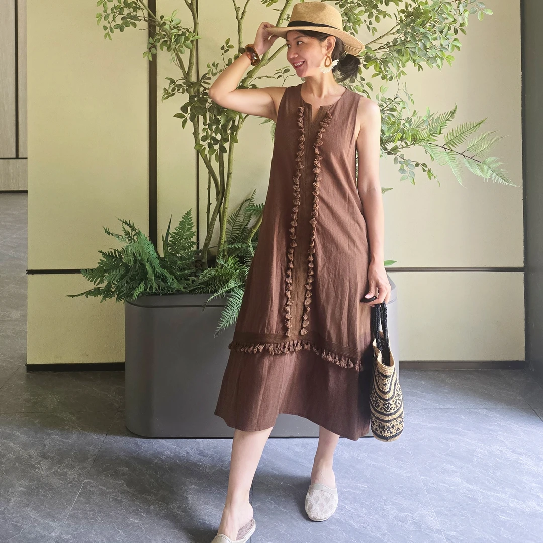 棉麻度假风韩系流苏拼接慵懒风领连衣裙夏季新款减龄背心裙气质