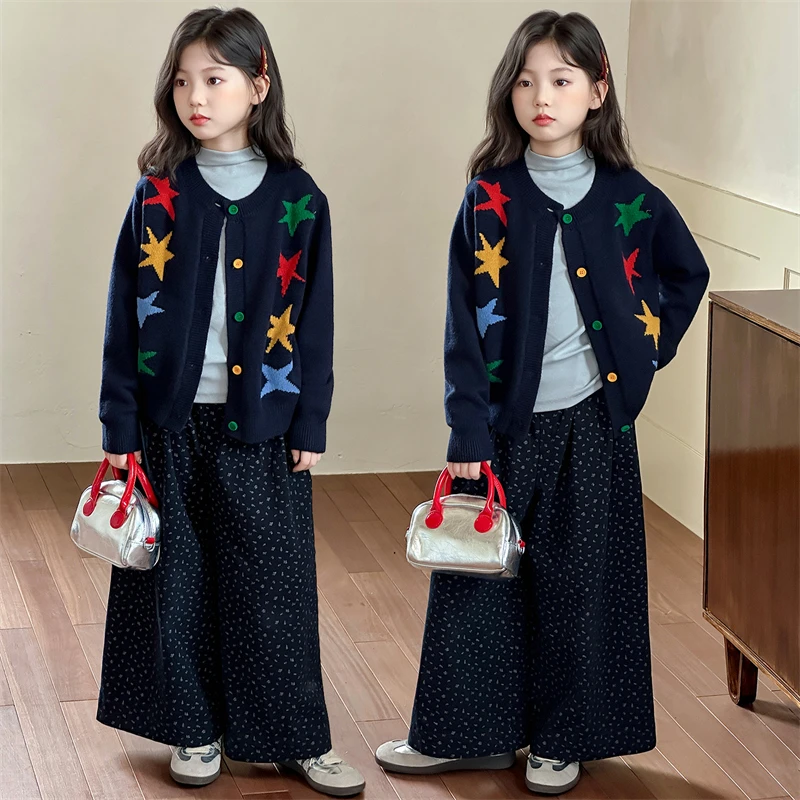 女童秋装套装2025新款洋气儿童毛衣开衫春秋韩系印花阔腿裤三件套