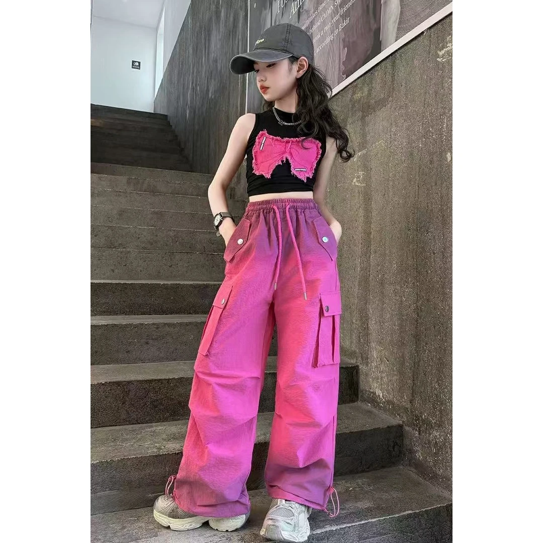 女童工装裤夏季薄款阔腿裤2025新款洋气街舞渐变玫红色中大童裤子