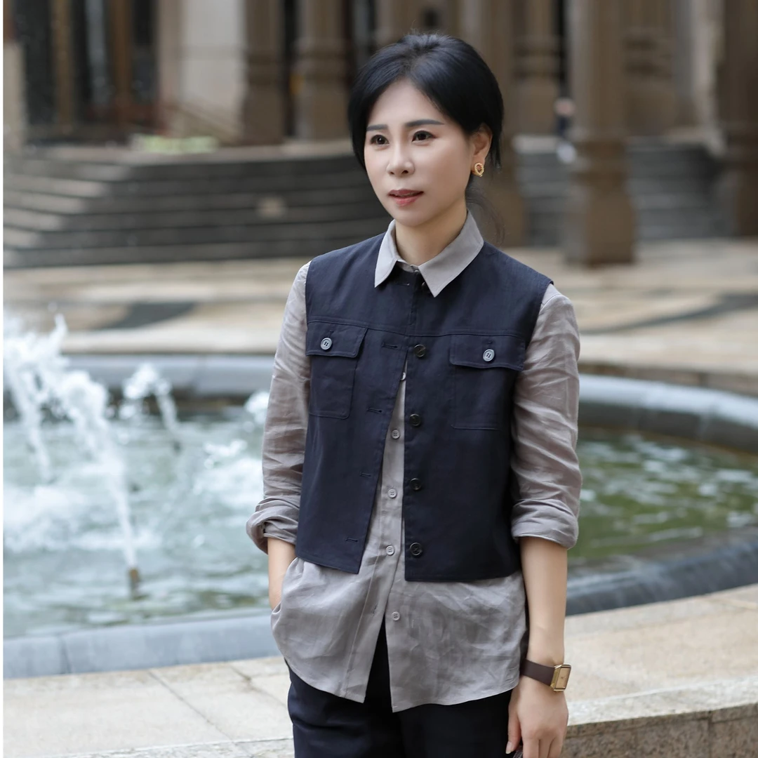 【杜小小】“率性自我”简约气质百搭休闲亚麻时尚显瘦工装马甲9926