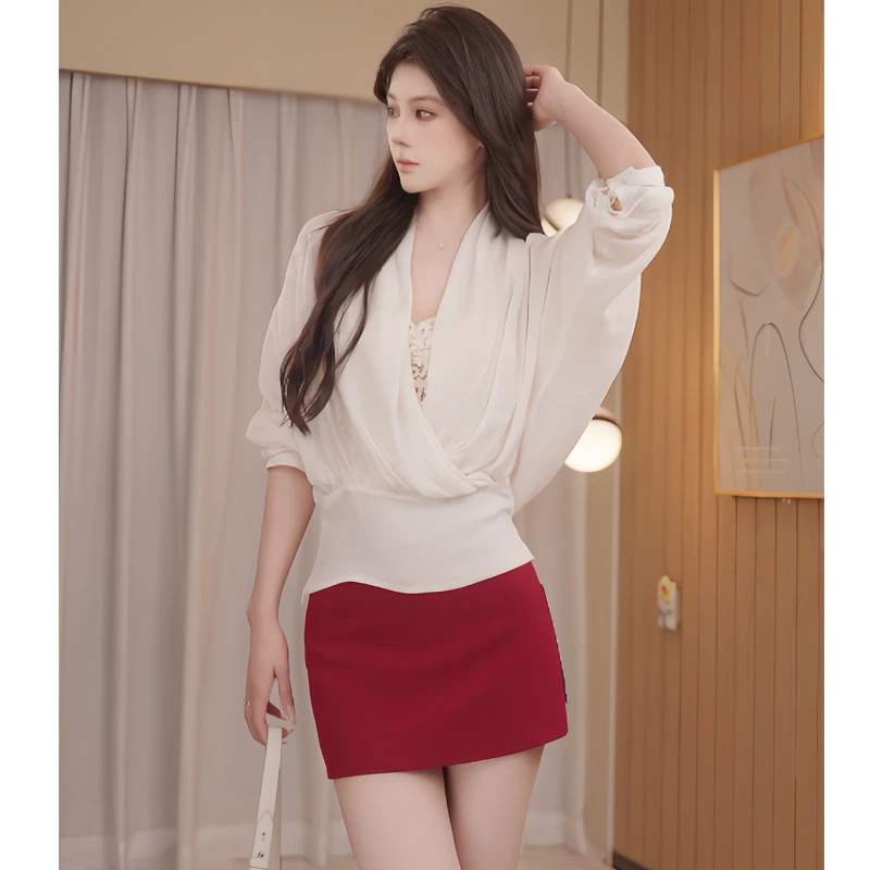 重工连肩蝙蝠袖上衣不规则V领褶皱设计感收腰时尚气质显瘦衬衫