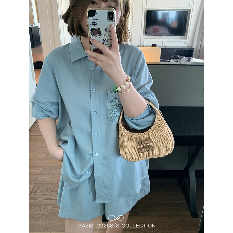 马西西大码女装亚麻衬衫套装胖mm夏季度假宽松显瘦上衣短裤两件套