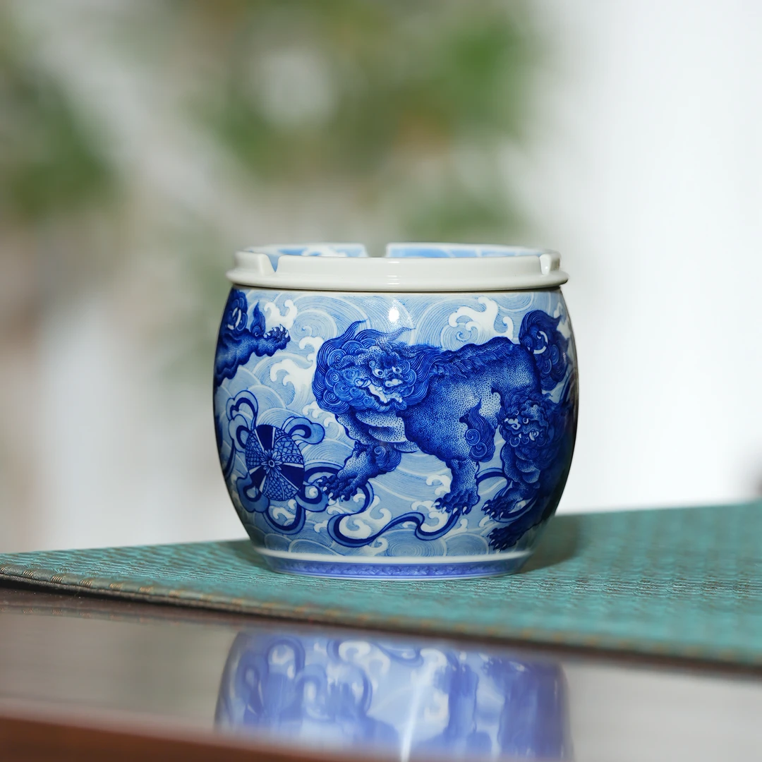 艺家仁晚来美学青花五狮舞绣球海水水洗建水景德镇纯手绘中式茶器