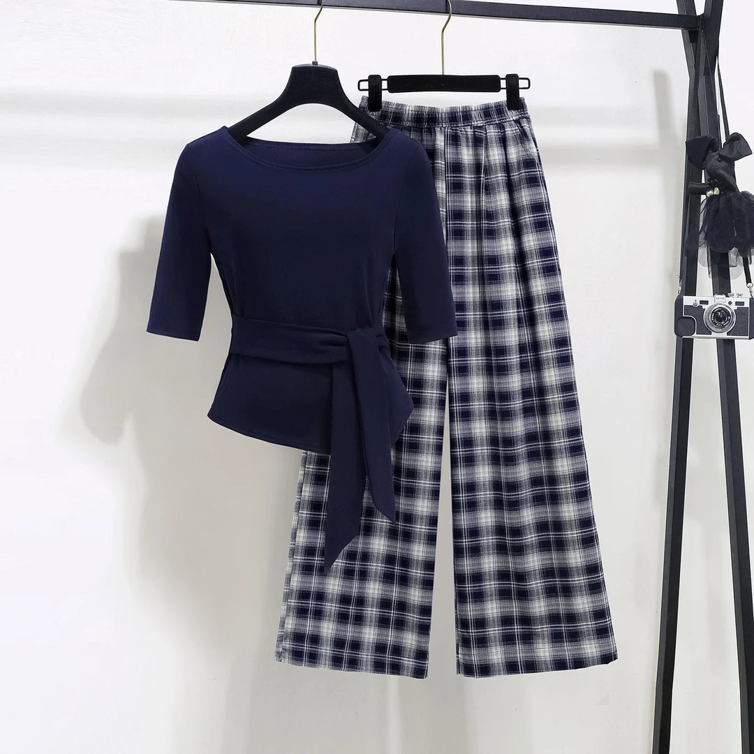 春秋新款时尚休闲设计感小众百搭打结纯色上衣格子阔腿裤两件套女