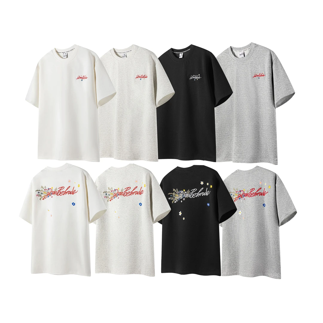 美式潮牌花卉刺绣重磅曼巴冰感棉T恤情侣宽松圆领短袖