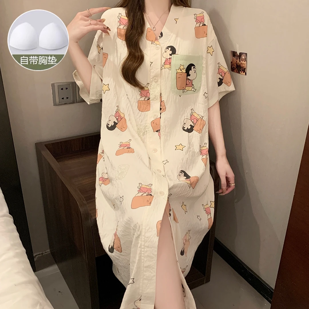 带胸垫云朵棉夏季短袖睡裙薄款甜美宽松中长款睡裙可外穿家居服