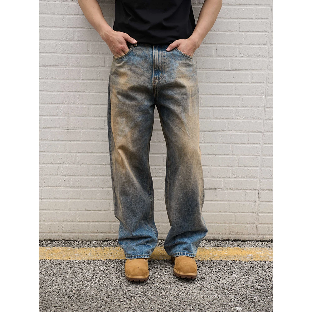 DOKIE【32006】14盎司水洗做旧复古蓝色直筒宽松潮流牛仔裤时尚