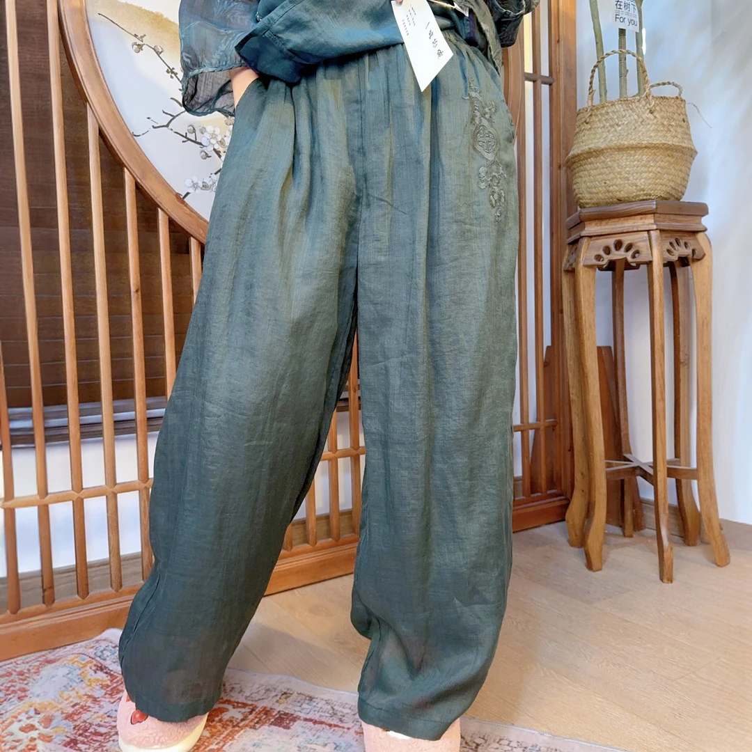 福降-100%双层苎麻手工刺绣炒色裤子