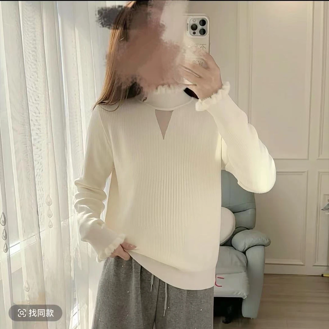 木耳边半高领针织衫毛衣女冬季加绒内搭打底衫一体绒上衣