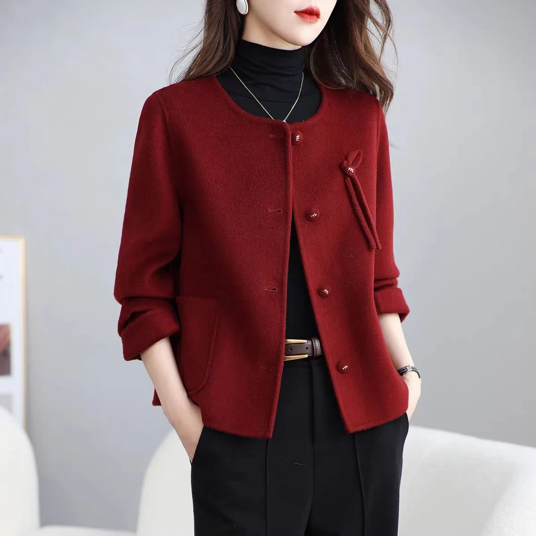 女士圆领短款双面呢外套秋冬小香风保暖时尚百搭宽松显瘦呢上衣