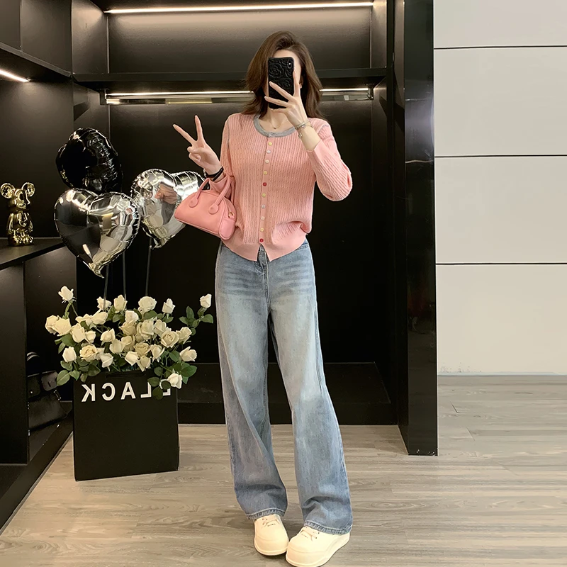 秋季套装女款爆款2025新款撞色彩扣单排扣针织衫上衣阔腿牛仔裤潮