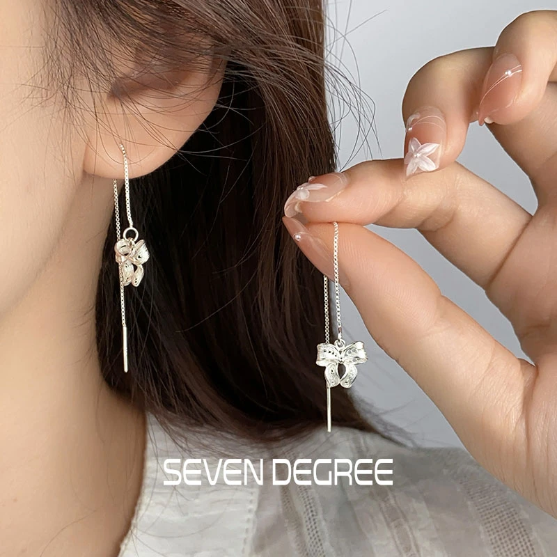 七度 足银耳饰 耳线女蝴蝶结耳钉花丝镂空高级工艺百搭显脸小耳环
