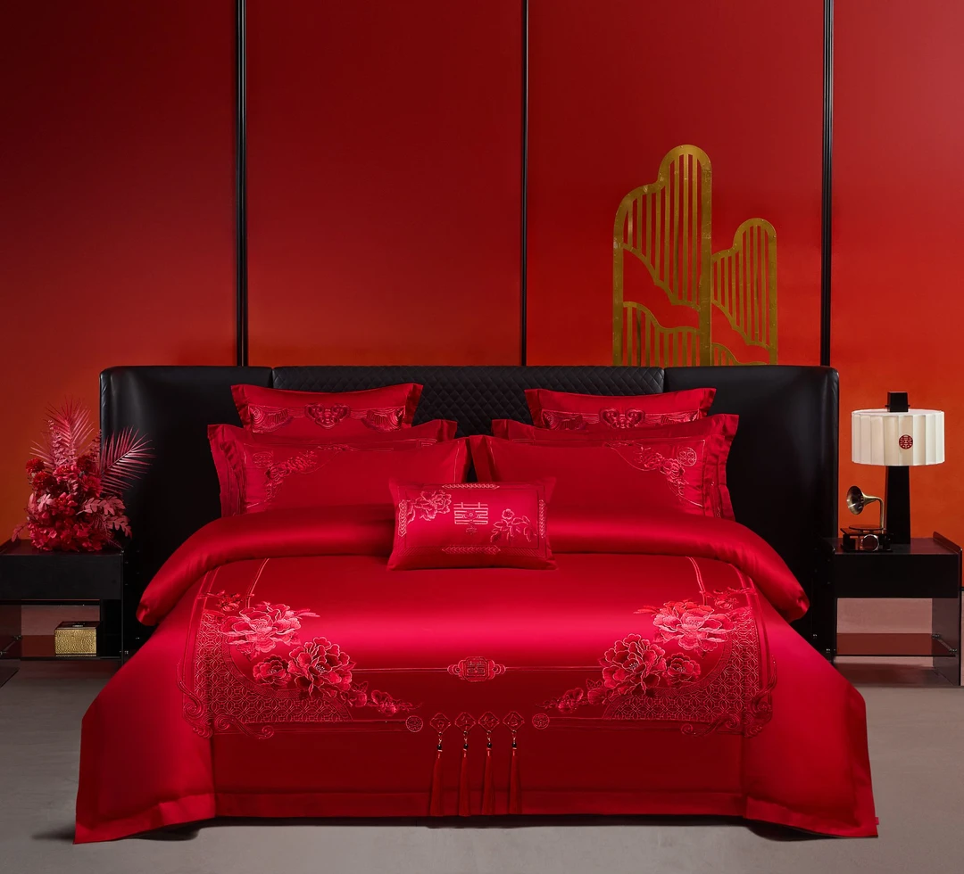 尹黛尔【百年好合本色】结婚床上用品婚庆加厚刺绣四件套大红色