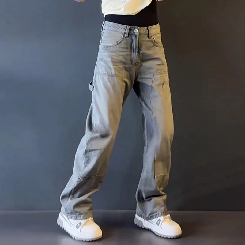 轻奢男装大码潮牌男士秋冬新品韩版时尚直筒牛仔裤做旧复古风长裤