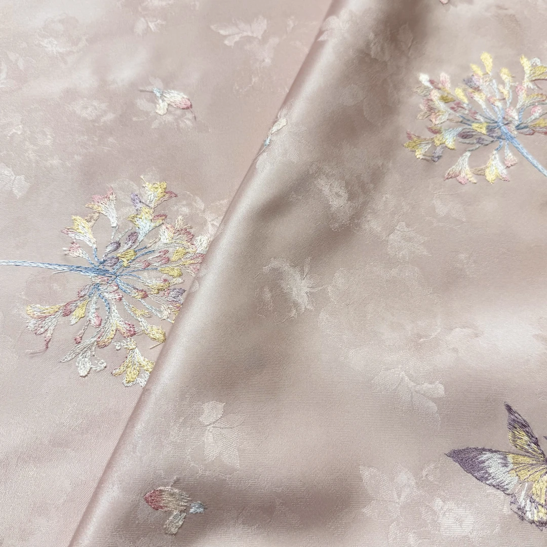 粉 蝴蝶百子莲  国风提花绣花 国风新中式外套马甲套装服装布料