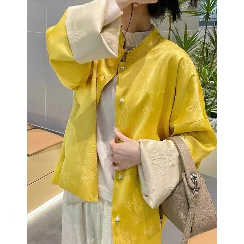 黄色提花长袖外套上衣女---137----微瑕--NO退NO换