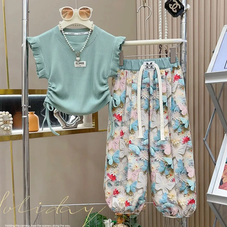 夏装女童网红套装无袖夏季上衣碎花蝴蝶灯笼裤套头韩版宽松休闲