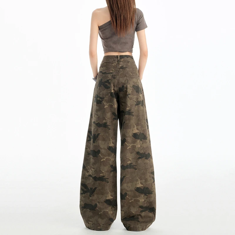 2025复古美式辣妹开袋设计迷彩阔腿牛仔裤女高腰宽松垂感