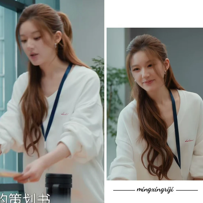 许我耀眼露思许妍同款美式复古V领卫衣宽松慵懒风设计感上衣