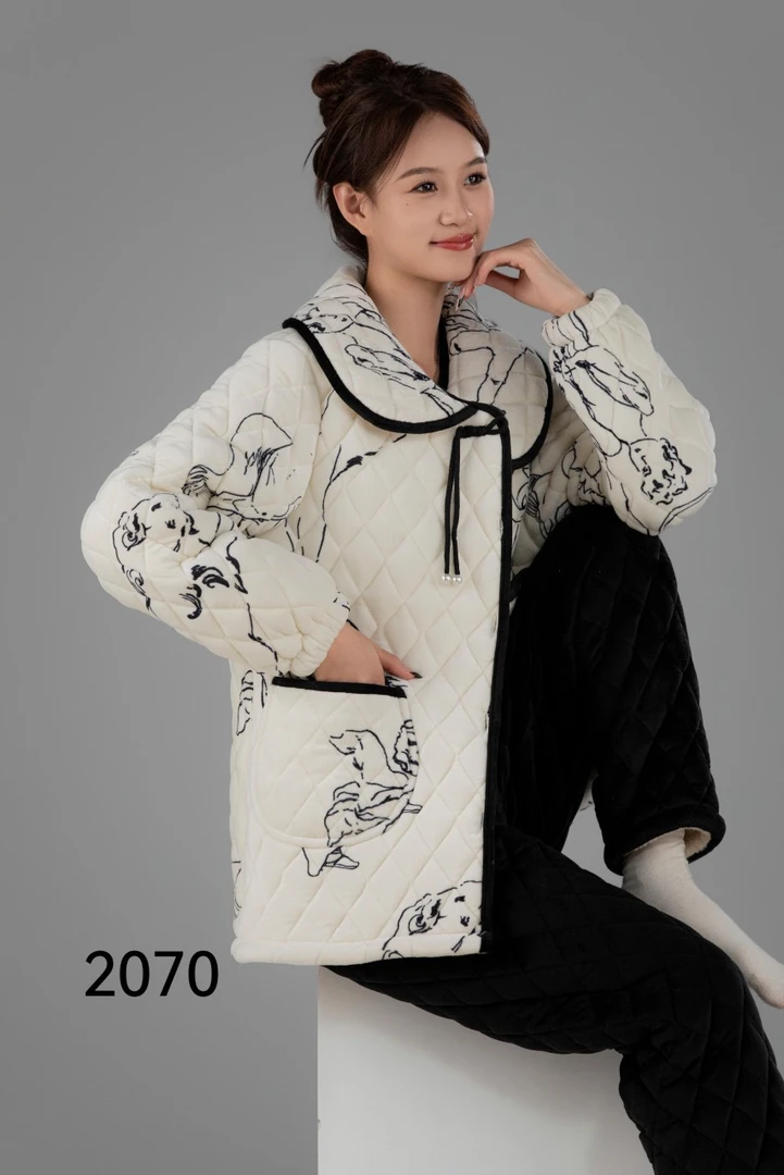 2070新款水墨画三层加厚保暖套装家居服外出款