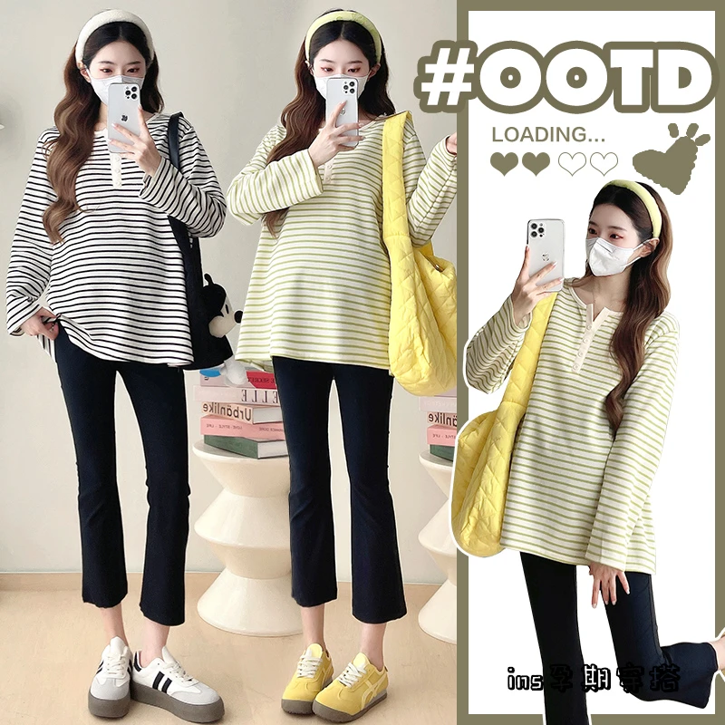 孕妇上衣春款百搭孕妇秋季新款长袖时尚V领条纹休闲宽松T恤打底衫