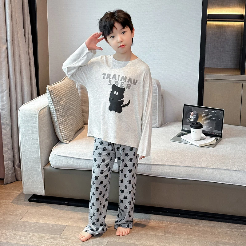 儿童莫代尔睡衣春秋款男童长袖家居服套装中大童10至15岁亲肤透气