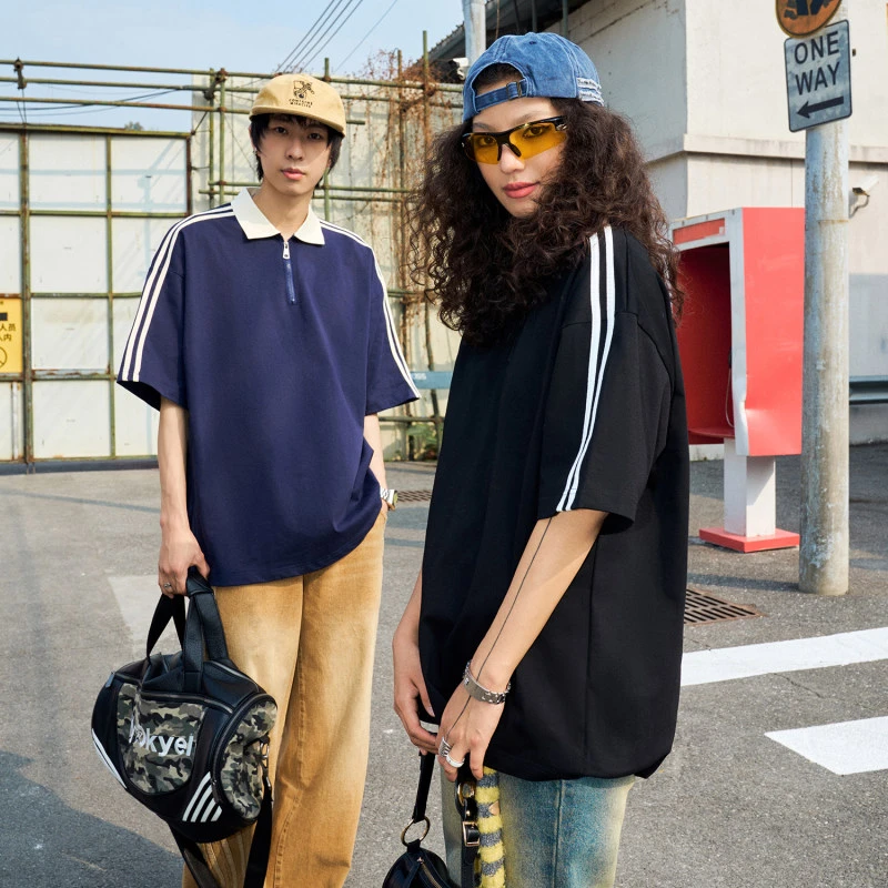 2025新款POLO衫短袖夏季条纹宽松休闲翻领t上衣老钱风松弛感男装