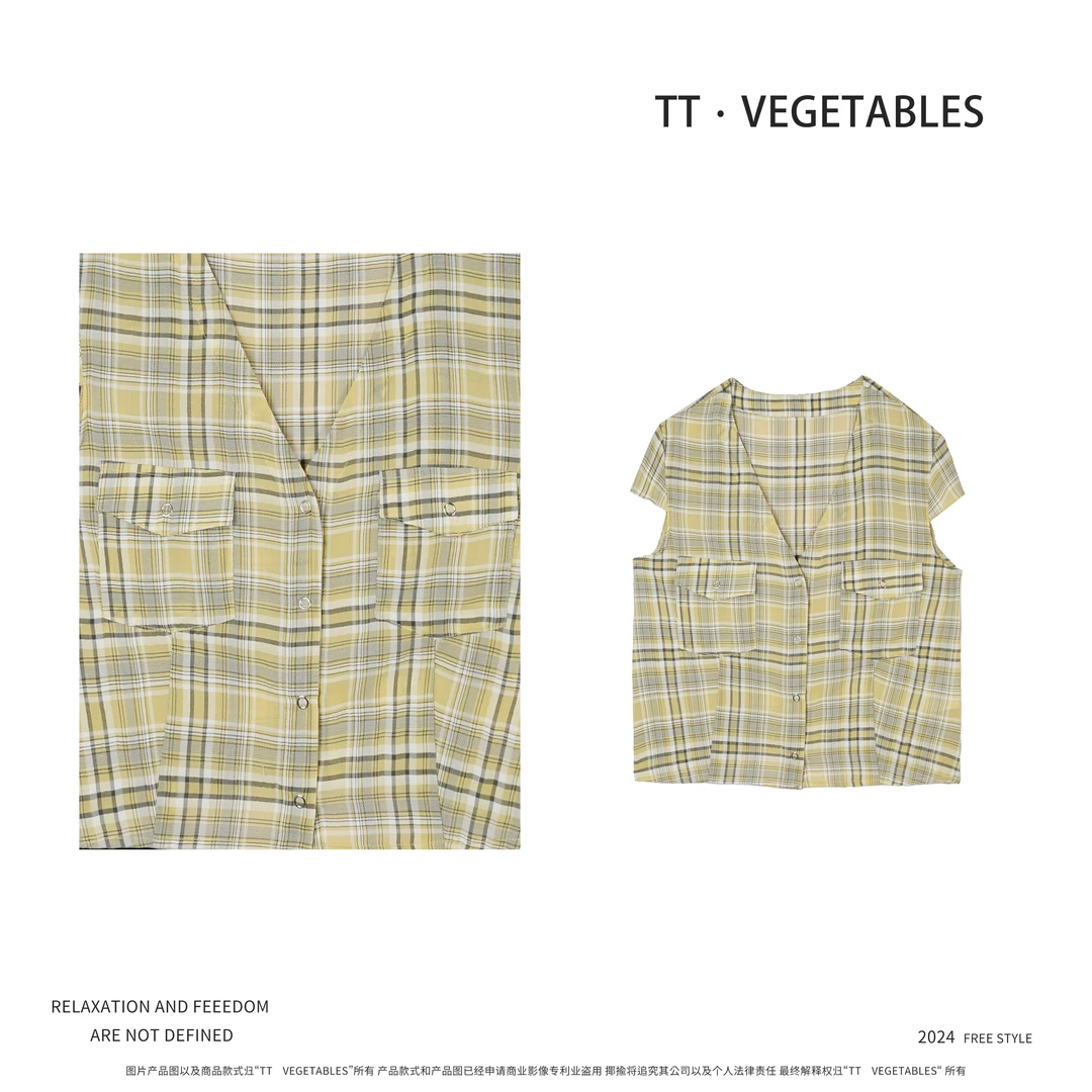 TT・VEGETABLES 开衫单排格子扣时尚设计感长衬衫913807
