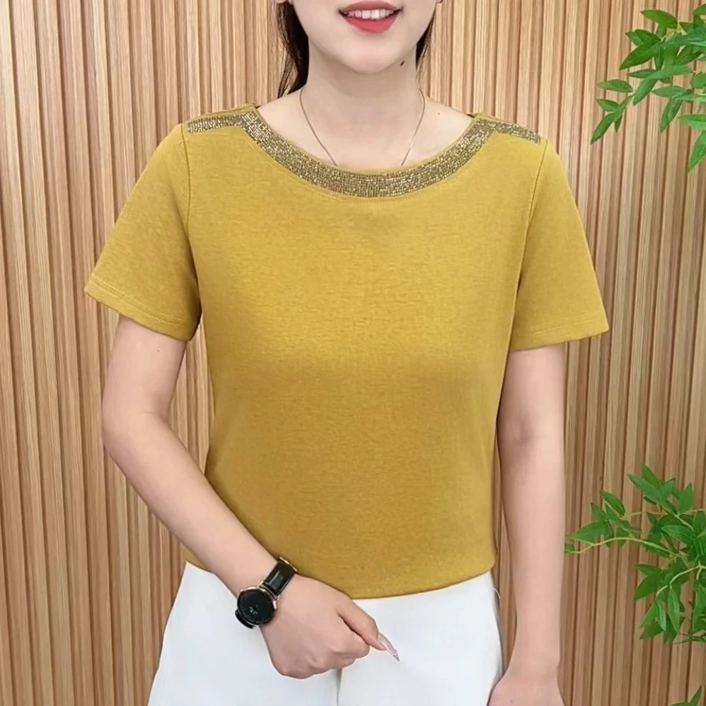 2025夏季时尚潮流新款简约烫钻纯色简约圆领百搭显瘦短袖女T恤