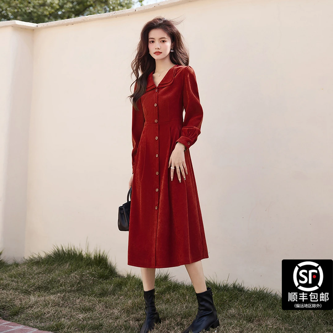 蓝语大码女装胖MM赫本风敬酒服连衣裙秋季日常回门服新娘红色长裙