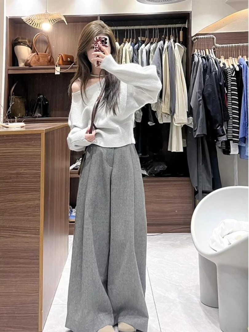 秋季搭配一整套韩系气质美式辣妹斜肩针织上衣显瘦阔腿裤两件套装