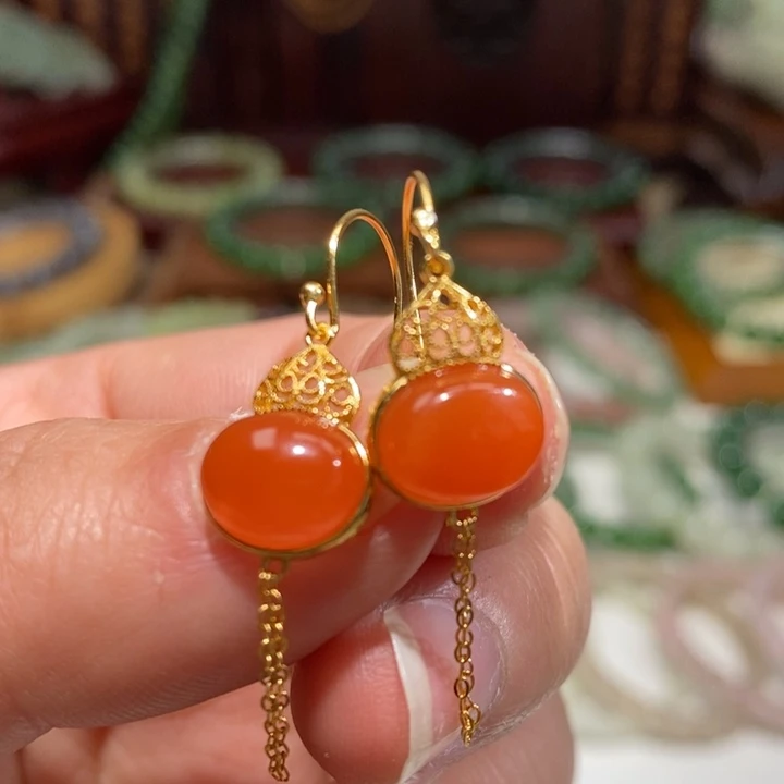 南红玛瑙银S925镀金镶嵌耳饰