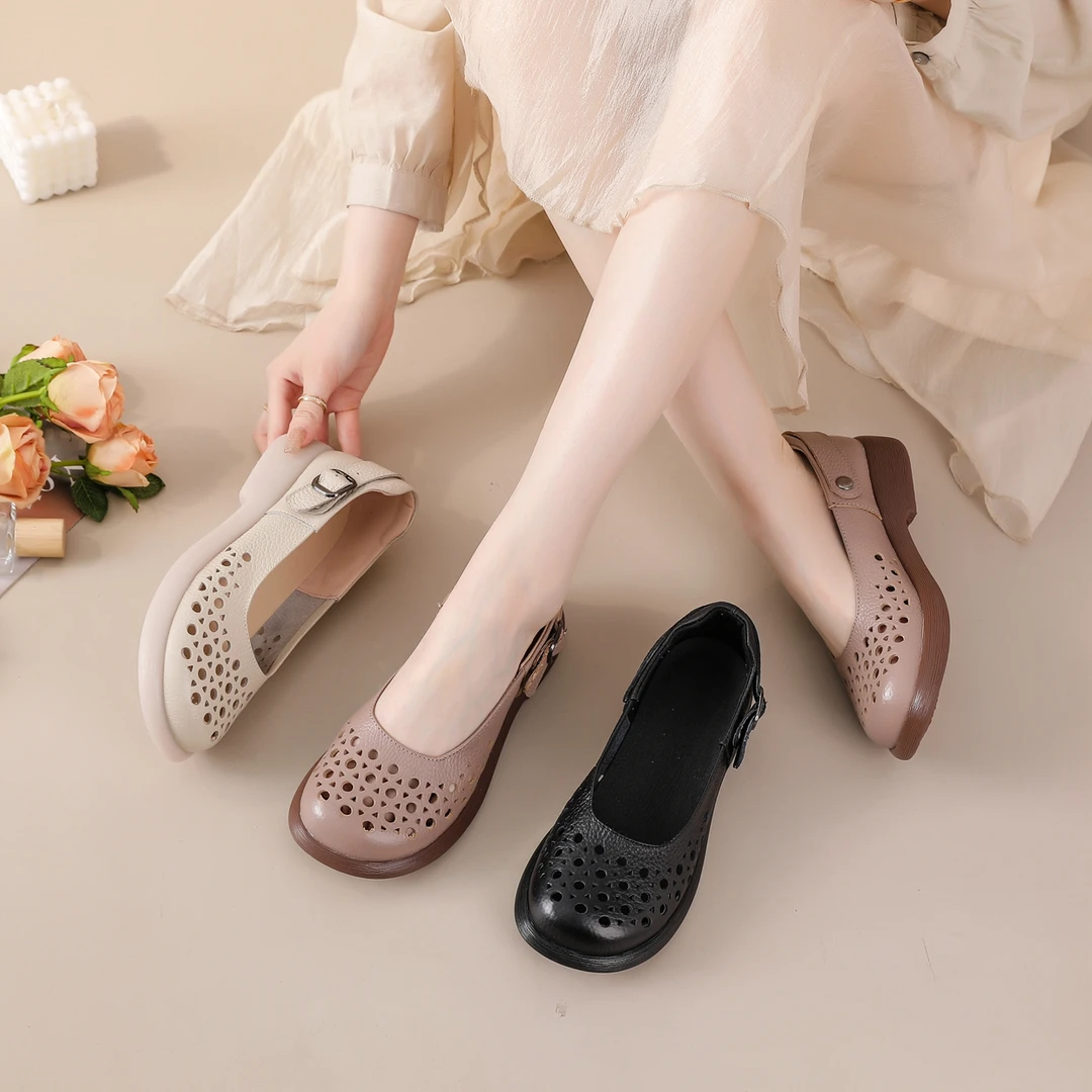 头层牛皮夏季舒适休闲风中跟女镂空洞洞鞋透气单鞋小香风软底