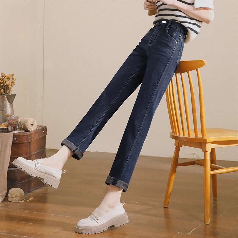 秋冬新款加绒气质简约直筒牛仔裤女高腰宽松显瘦九分烟管裤子修身