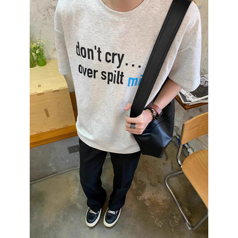 320g重磅白花灰字母短袖男款美式复古cleanfit潮牌半袖小领口t恤