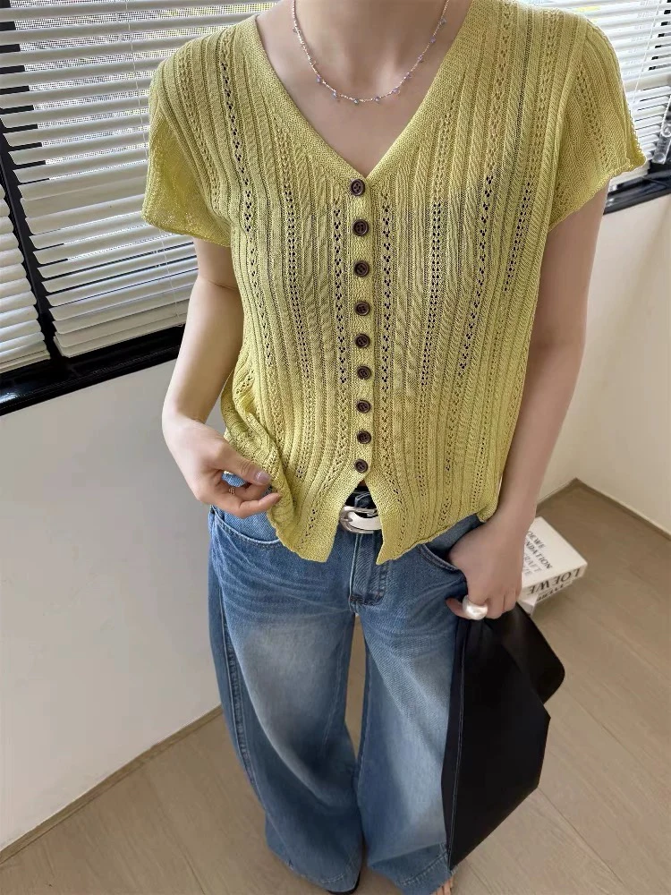 夏季女士V领镂空短袖针织开衫时尚气质百搭显瘦上衣