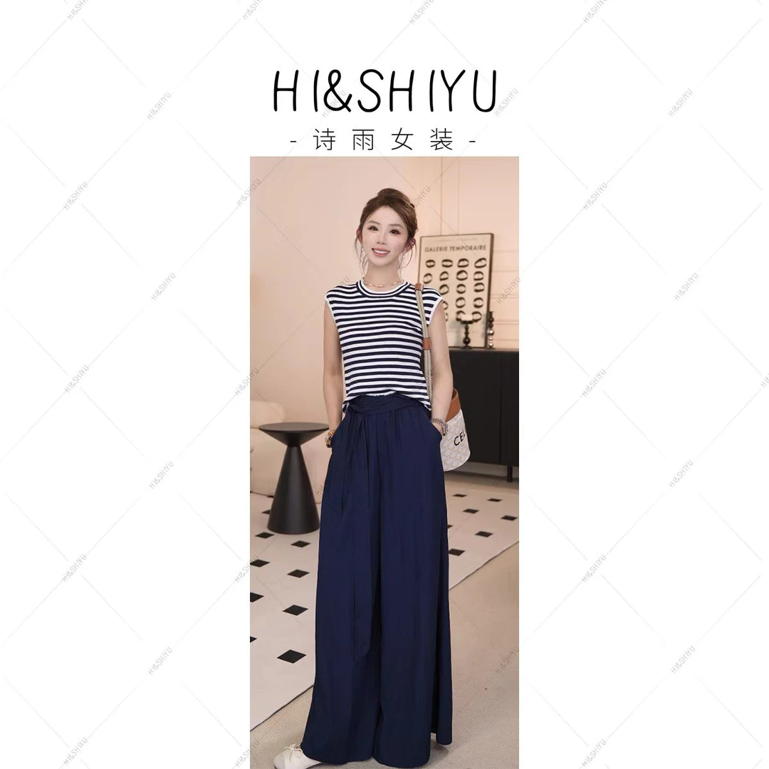 HISHIYU【松弛夏日】时尚条纹T套装超火无袖背心蝴蝶结阔腿裤两件套