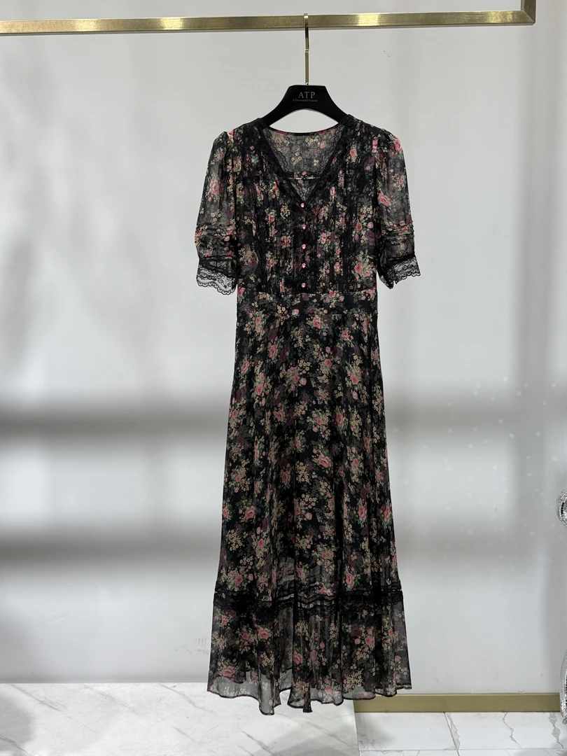 【大冬专属】100桑蚕丝短袖夏季连衣裙长裙宽松法式印花B23533黑
