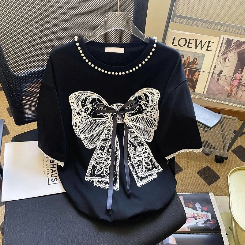 美式复古钉珠刺绣蝴蝶结短袖t恤女宽松大码时髦休闲显瘦上衣ins潮