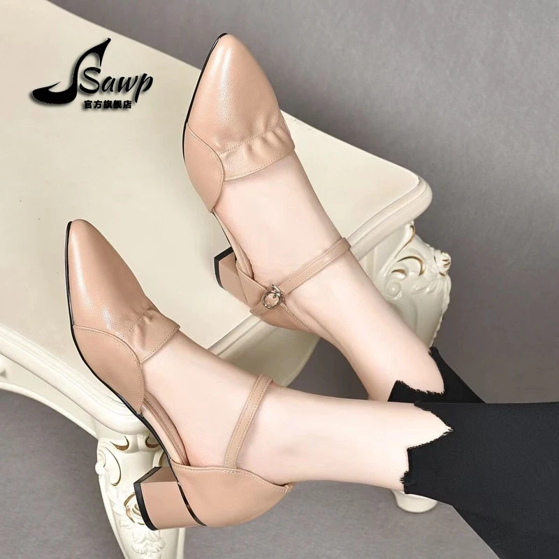 单鞋尖头包头粗跟凉鞋时装凉鞋平跟一字带高跟鞋中跟