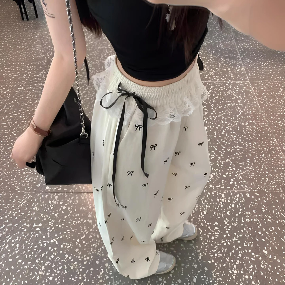 蕾丝拼接蝴蝶结碎花休闲裤女款夏季新款韩系设计感高腰宽松阔腿裤