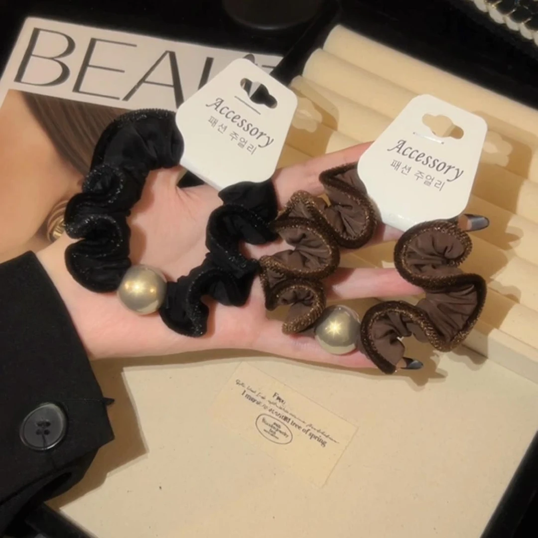 韩版东大门高级感木耳边丝绒发圈韩系百搭秋冬贝珠发绳轻奢大肠圈