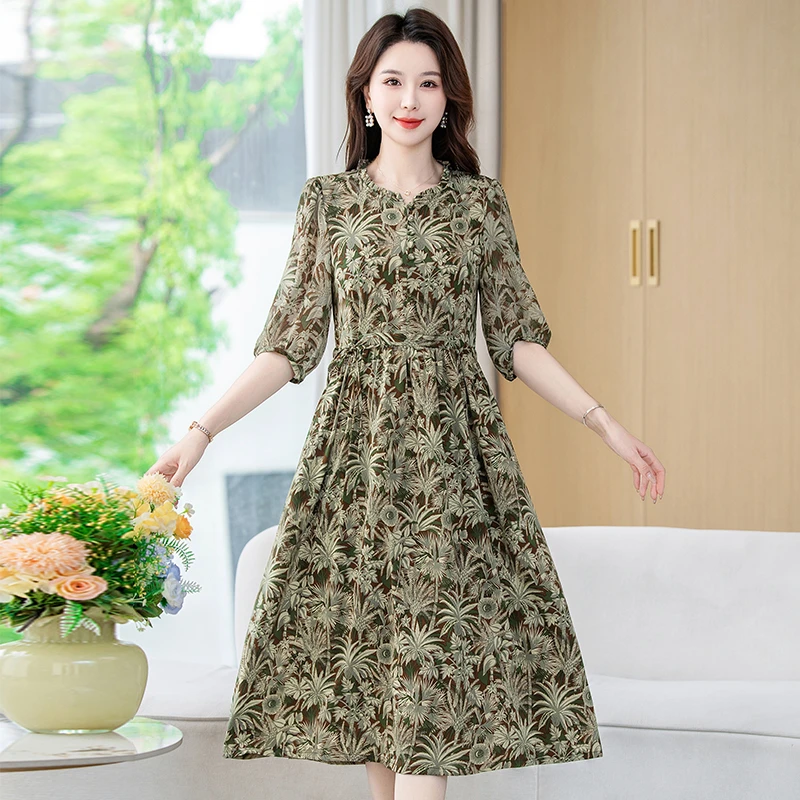 碎花系扣夏季木耳领法式连衣裙显瘦夏装气质长裙时尚大码印花