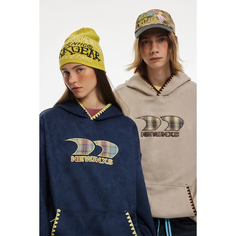 江南先生美式复古格纹连帽卫衣男女秋季潮牌宽松情侣外套JN44Y02