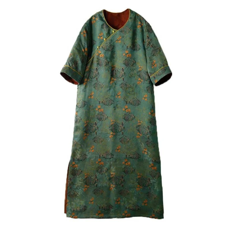 25姆满桑红云纱花罗翠涛绿春和景明V领斜襟改良国风旗袍12394-2